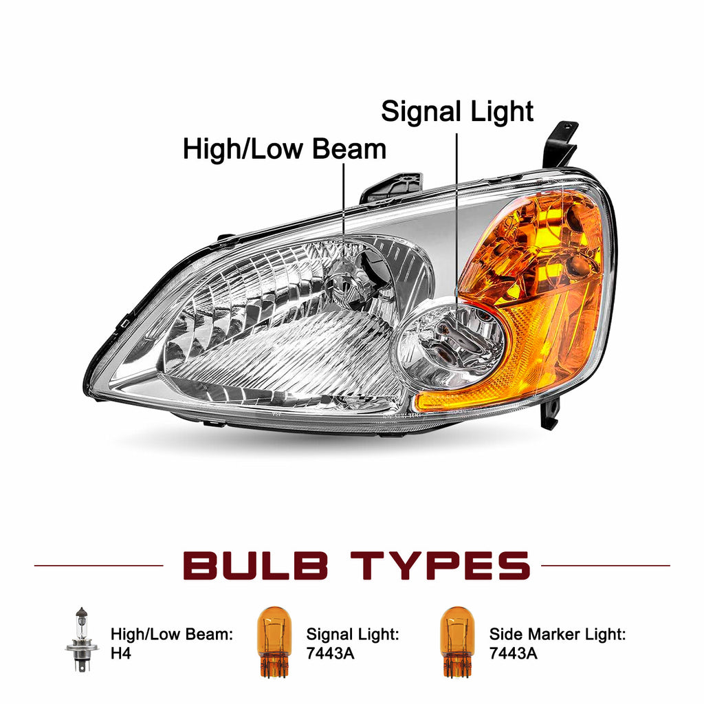 For 2001 2002 2003 Honda Civic DX Chrome Headlights Amber Corner Lamps 01-03 Set