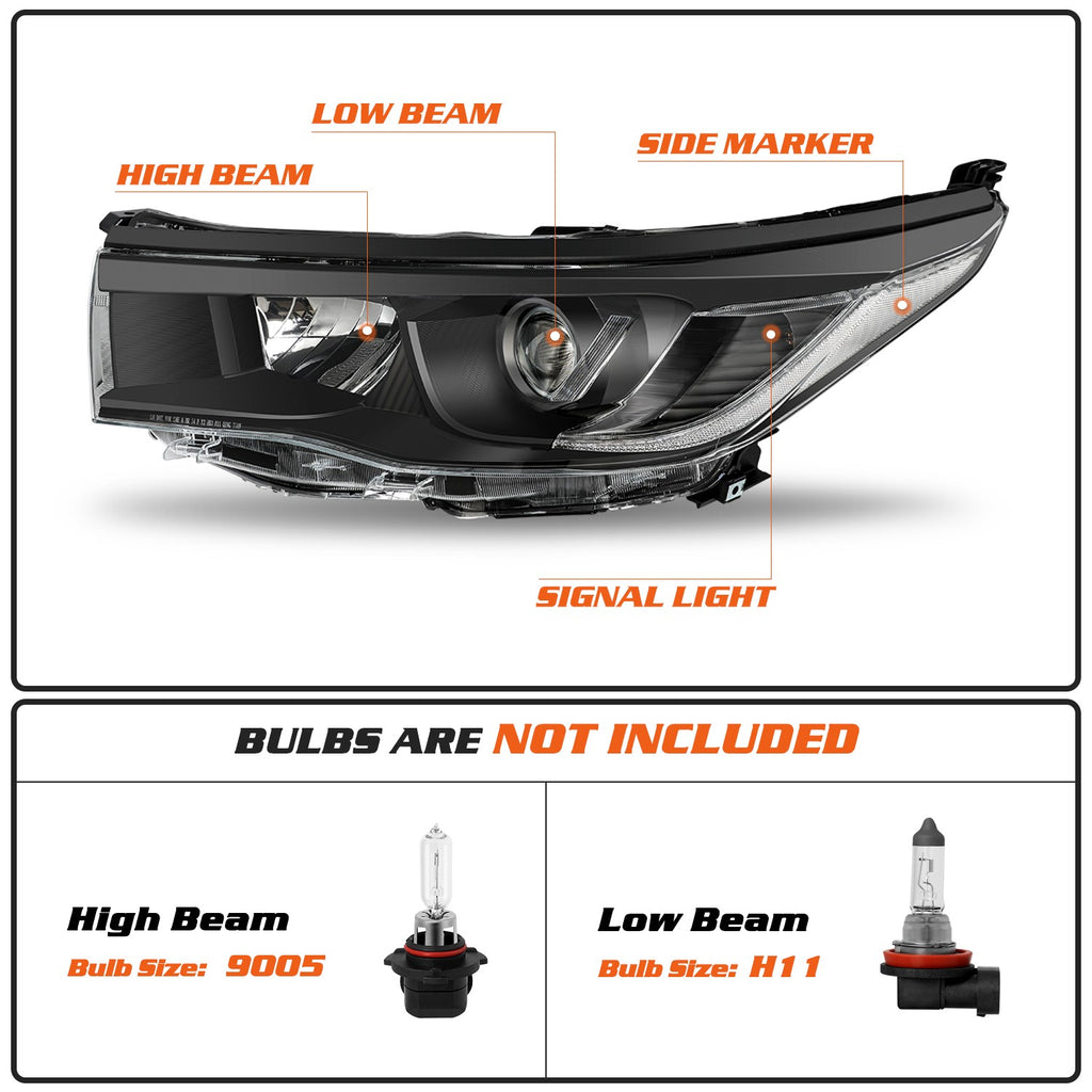 For 2014 2015 2016 Toyota Highlander Black Clear Headlight Pair Assembly