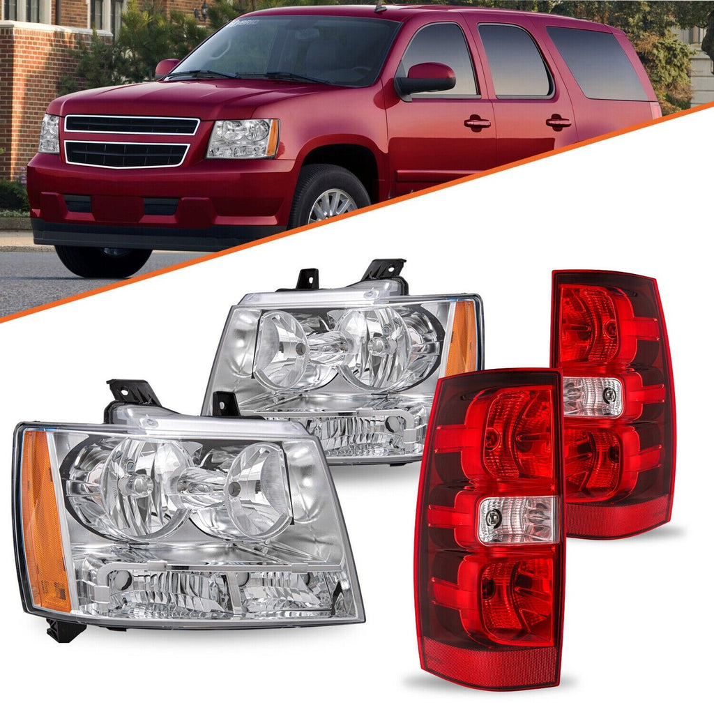 For 2007-2014 Chevy Avalanche Suburban Tahoe Chrome Amber Headlight+Tail Light