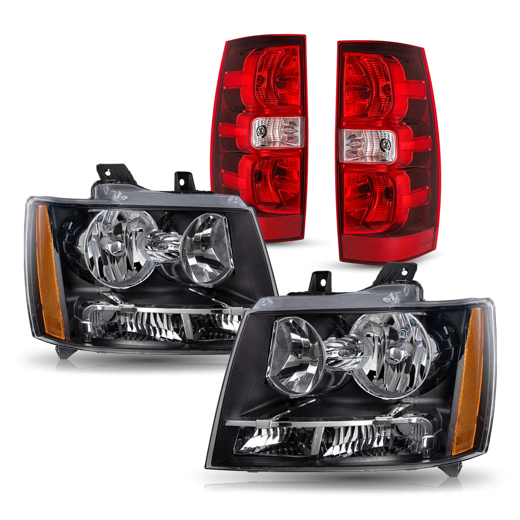 For 2007-2014 Chevy Avalanche Suburban Tahoe Chrome Amber Headlight+Tail Lights