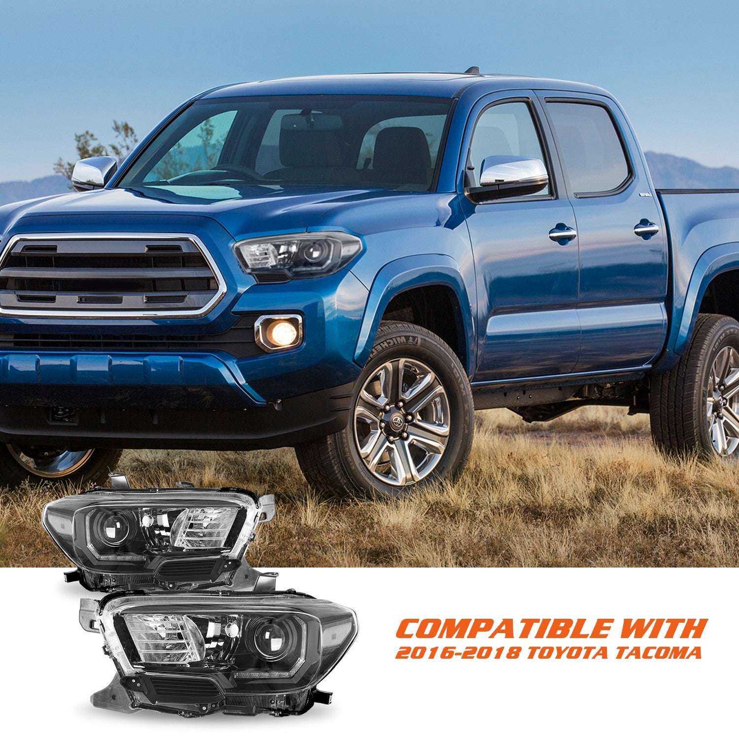 Fit For 2016-2022 Toyota Tacoma w/ LED DRL Black Headlights Left+Right Headlamps
