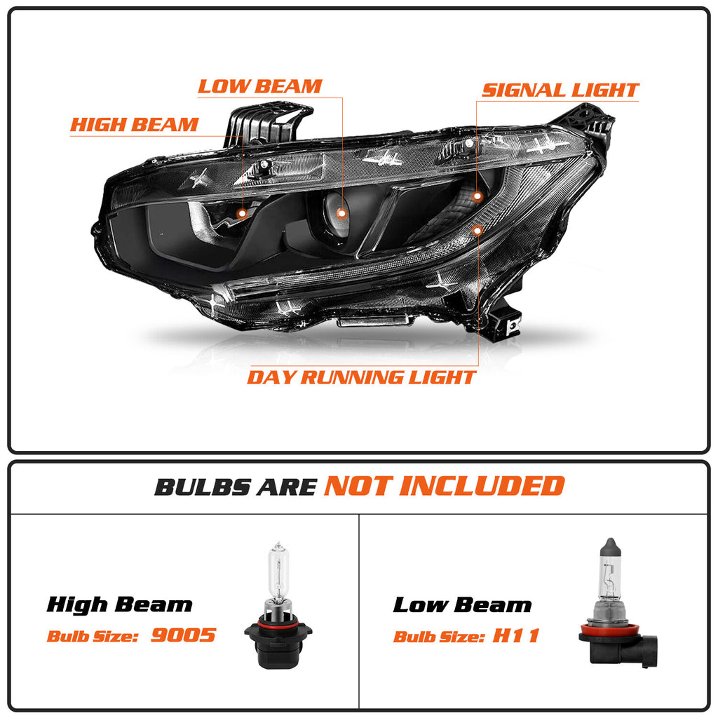 For 2016-2021 Honda Civic Black Projector W/DRL Headlights Assembly Lamps Pair