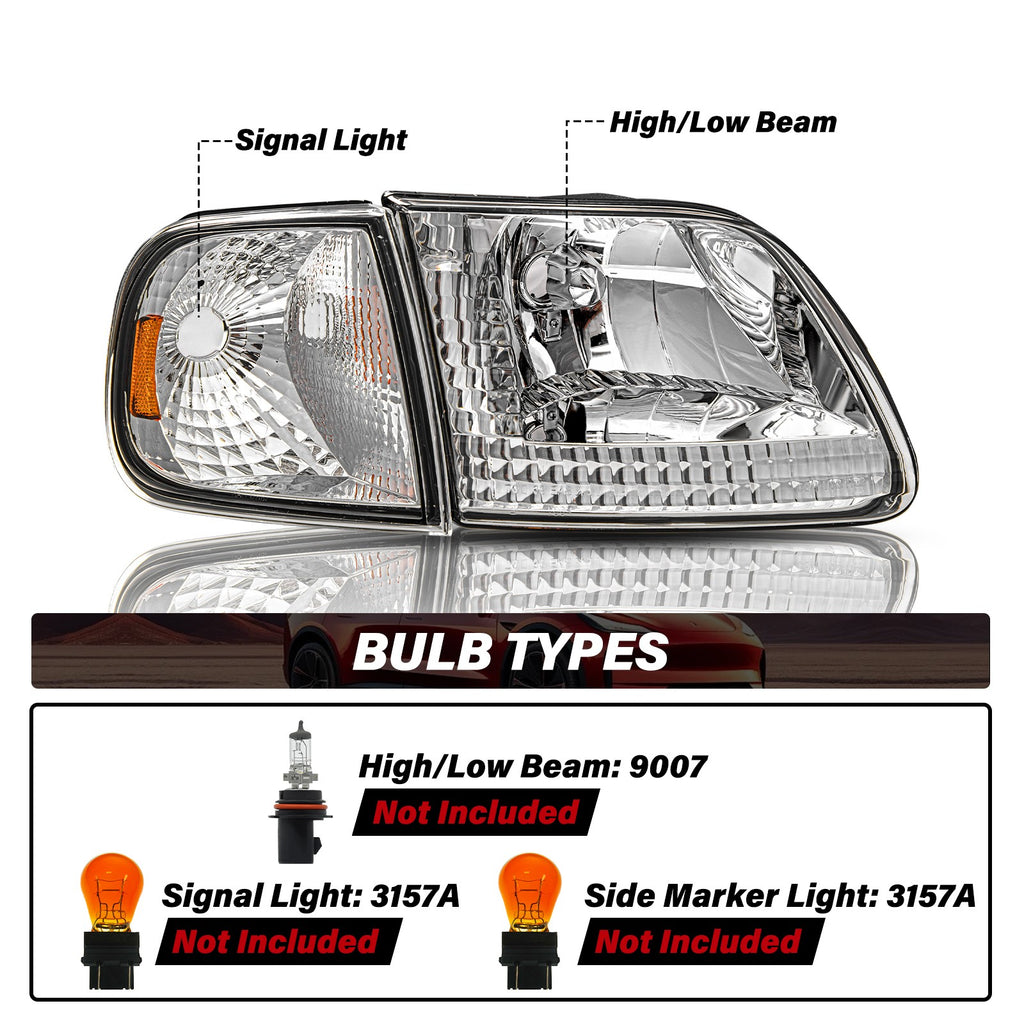 Headlights Pair Chrome w/Amber Corner For 1997-2003 Ford F150/97-02 Expedition