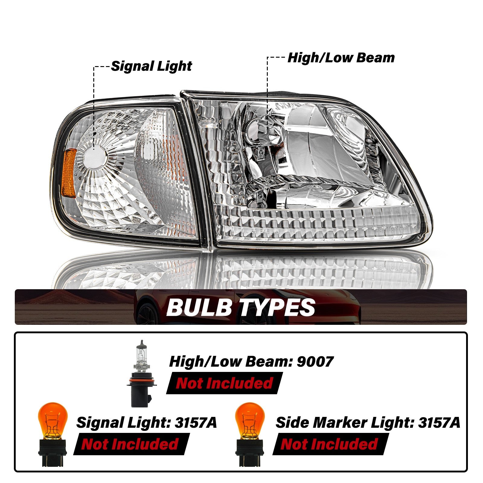 Headlights Pair Chrome w/Amber Corner For 1997-2003 Ford F150/97-02 Expedition