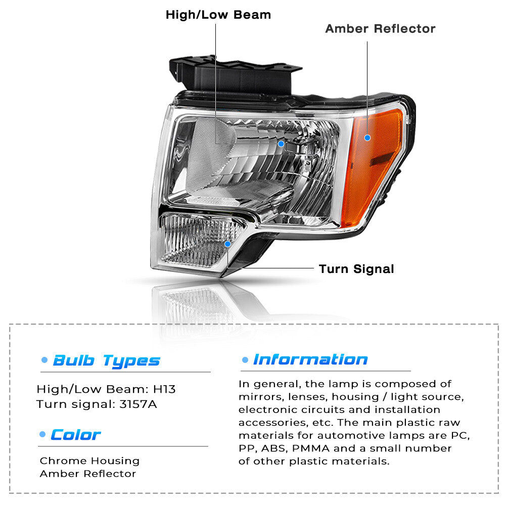 For 2009-2014 Ford F-150 F150 Pickup Chrome Headlights Assembly Lamps W/Bulb