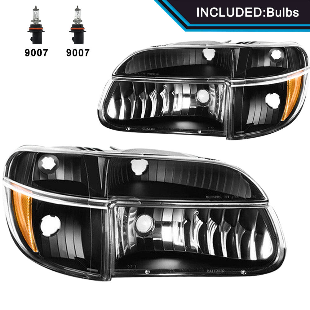 For 1995-2001 Ford Explorer Black Housing Amber Corner Headlights Lamps W/Bulbs