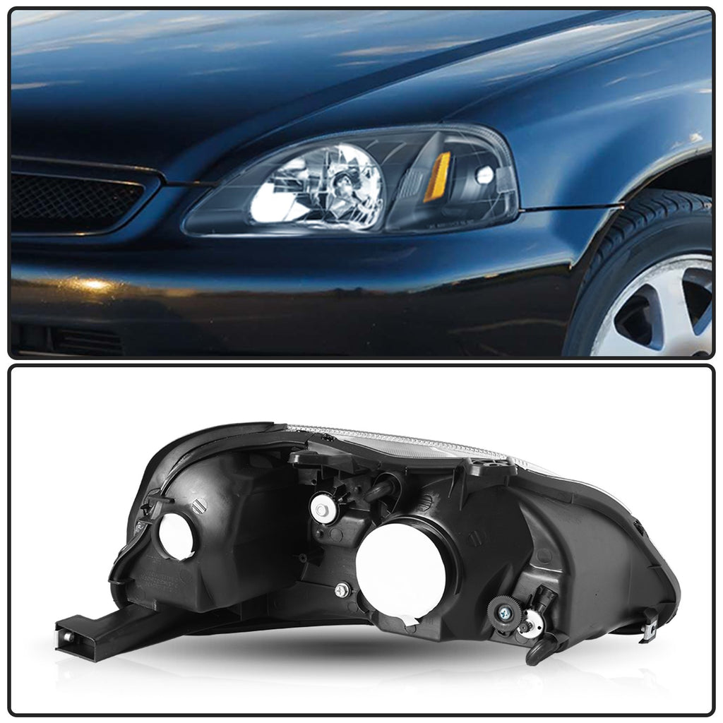 For 1999-2000 Honda Civic EK Black Amber Corner Headlights Assembly Left+Right