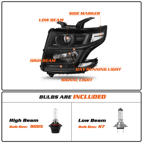 Black Headlights Projector For 2015-2020 Chevy Tahoe Suburban Headlamps w/ B