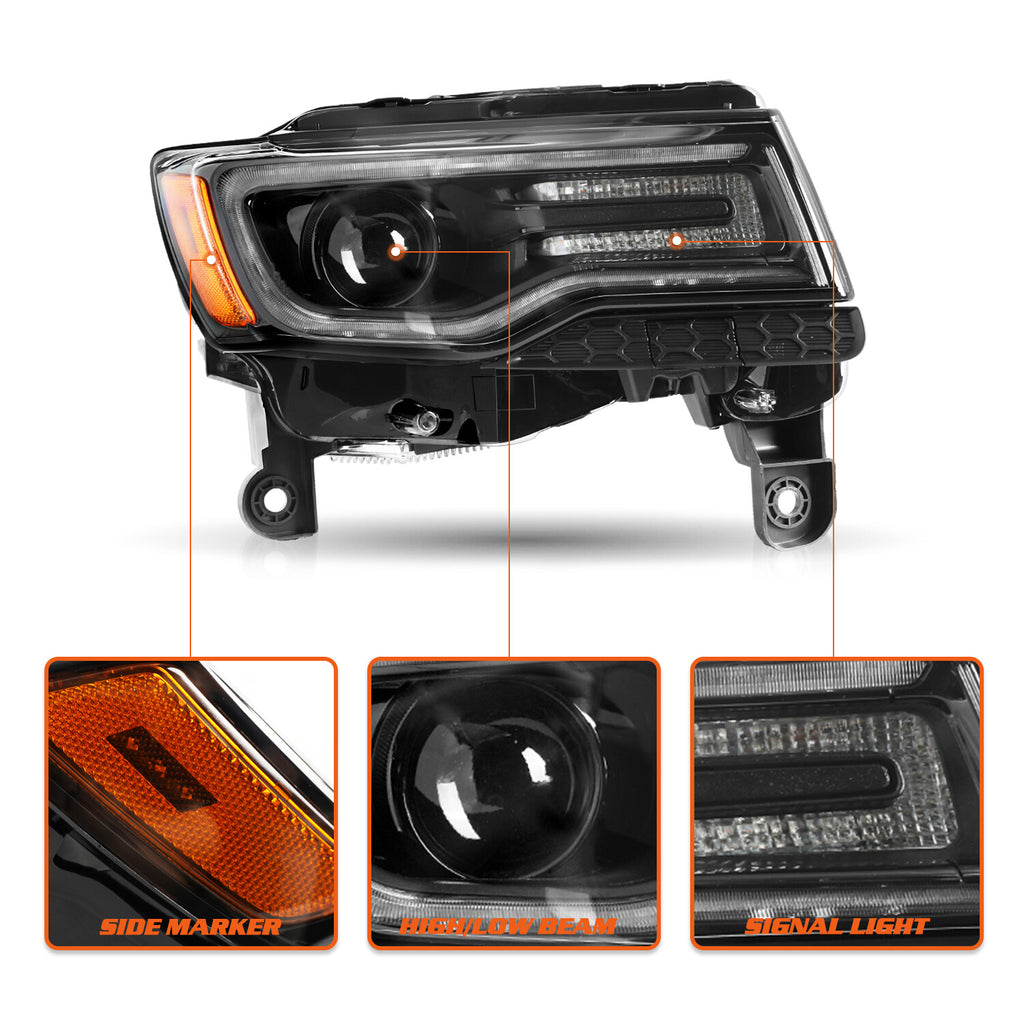 For 2014-2021 Jeep Grand Cherokee w/Bulbs&Ballast HID Black Headlight RH
