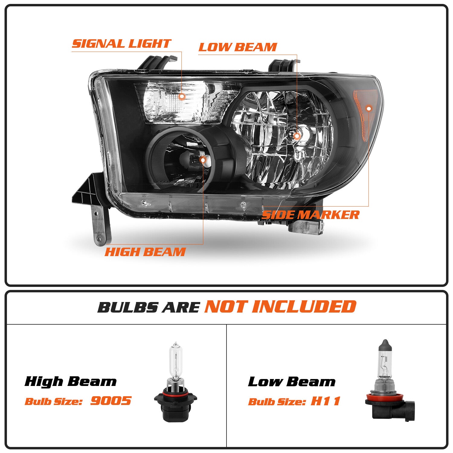 Halogen Black Amber Headlights for 2007-2013 Toyota Tundra&2008-17 Sequoia LH+RH