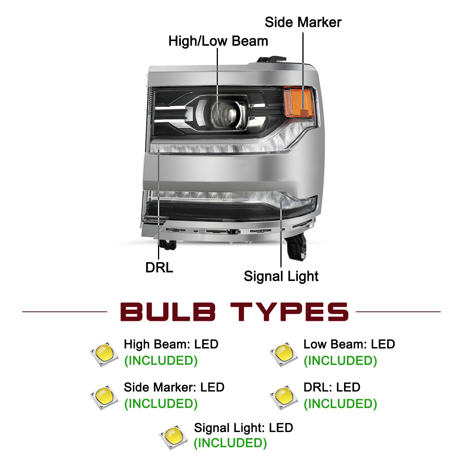 Chrome Projector Headlight For 2016-2018 Chevy Silverado 1500 Headlamp Left Side