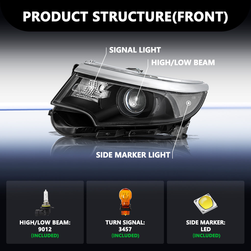 For 2011 2012 2013 2014 Ford Edge Black Headlight Headlamp Pair W/Bulbs