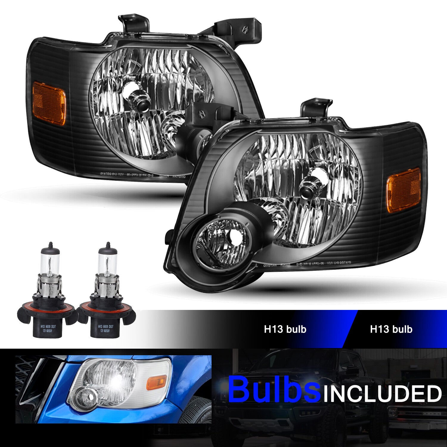 2006-2010 Ford Explorer Black Housing Headlights Replacement lamps Pair W/Bulb