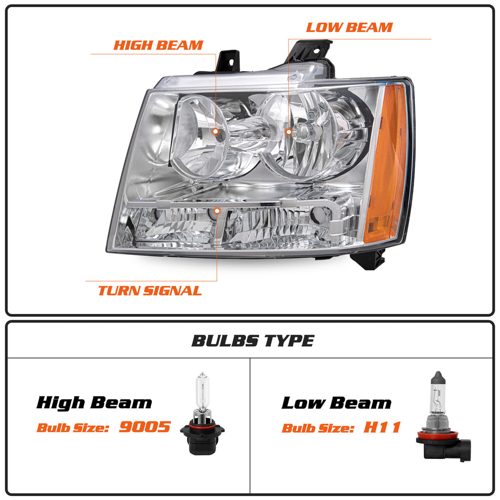 For 2007-2014 Chevy Avalanche Suburban Tahoe Chrome Amber Headlight+Tail Light