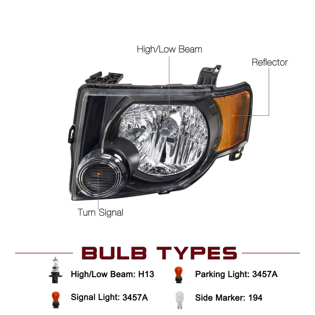 For 2008 2009 2010 2011 2012 Ford Escape SUV Headlights Lamps Assembly Pair