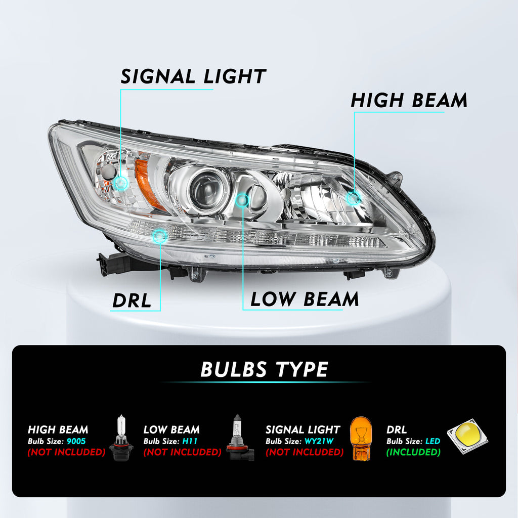 For 2013 2014 2015 Honda Accord 4Dr Chrome w/ LED DRL Headlights Headlamps