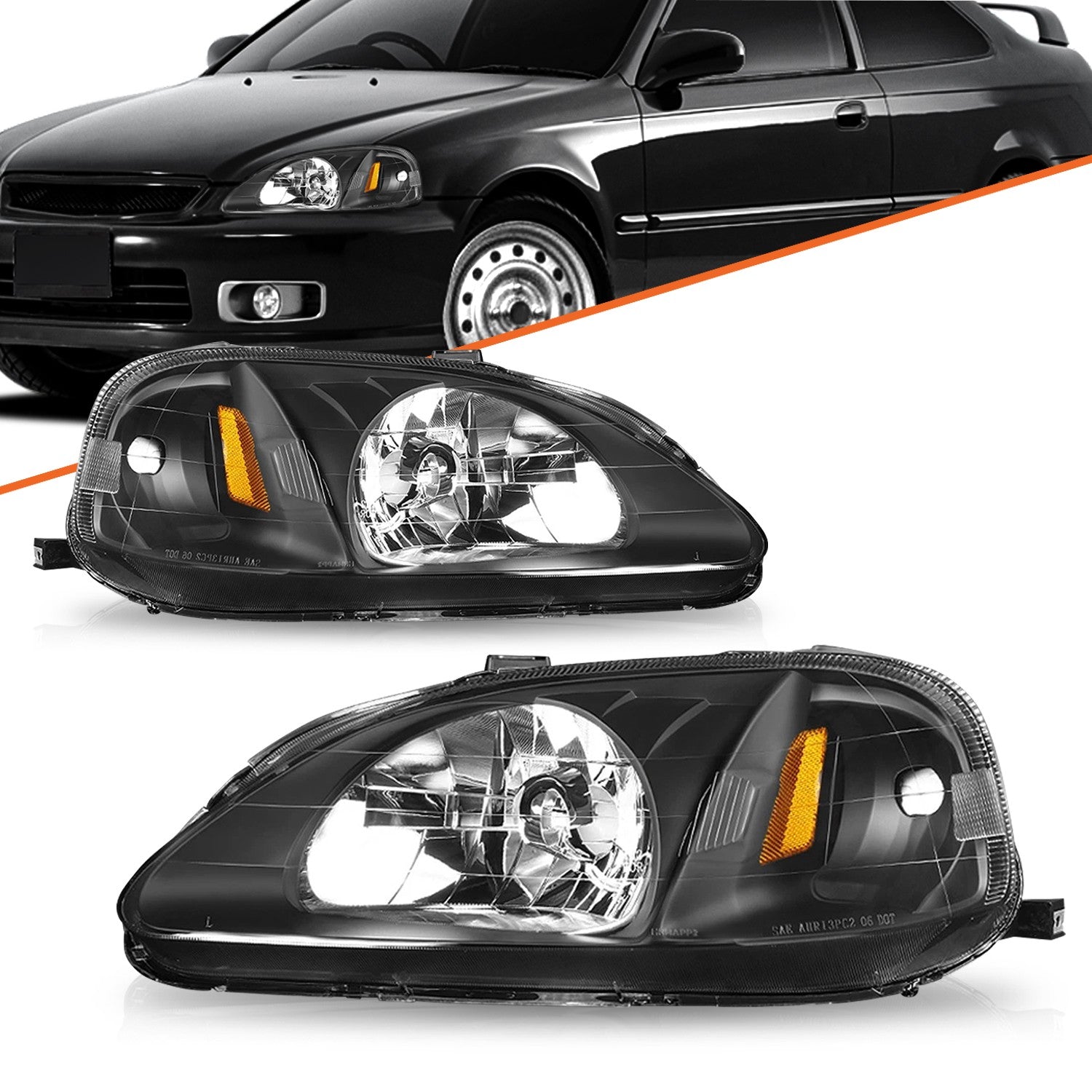 For 1999-2000 Honda Civic EK Black Amber Corner Headlights Assembly Left+Right