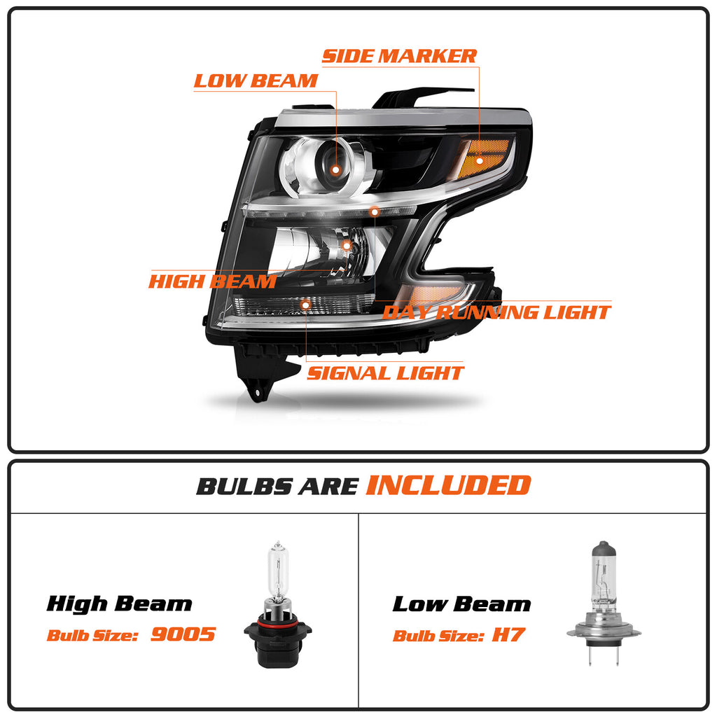 Projector Headlights w/LED DRL For 2015-2020 Chevy Tahoe Suburban Headlamps L&R