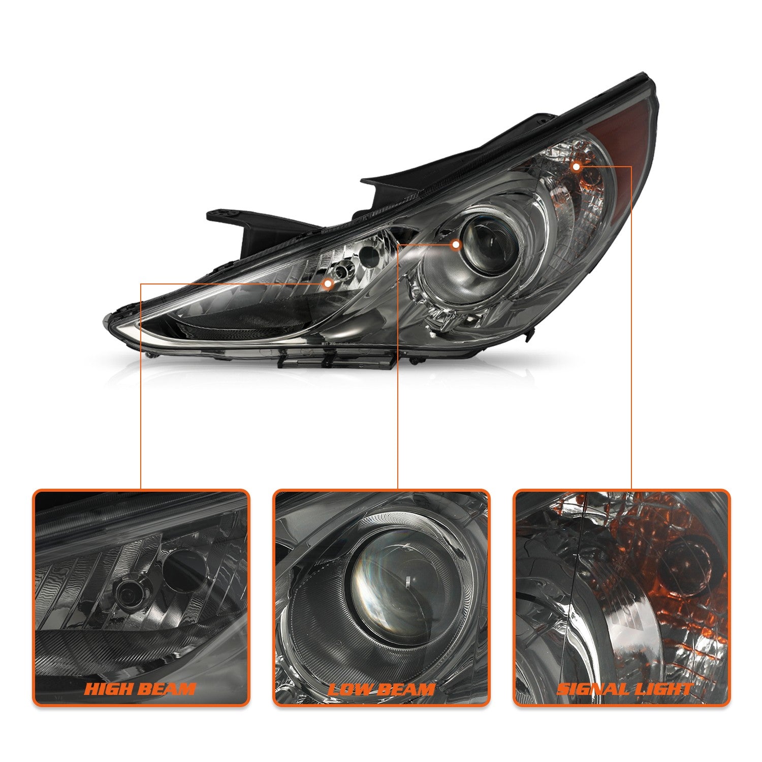 For Hyundai Sonata 2011-2014 Smoke Project Housing Amber Headlamps Headlight Set
