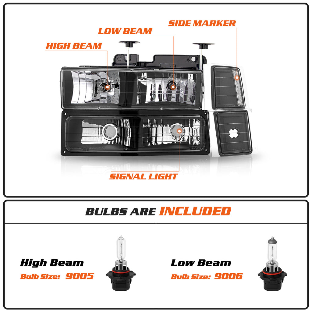 For 1994-1998 Chevy C10 C/K 1500 2500 Silverado Headlights Bumper Lamps w/Bulbs